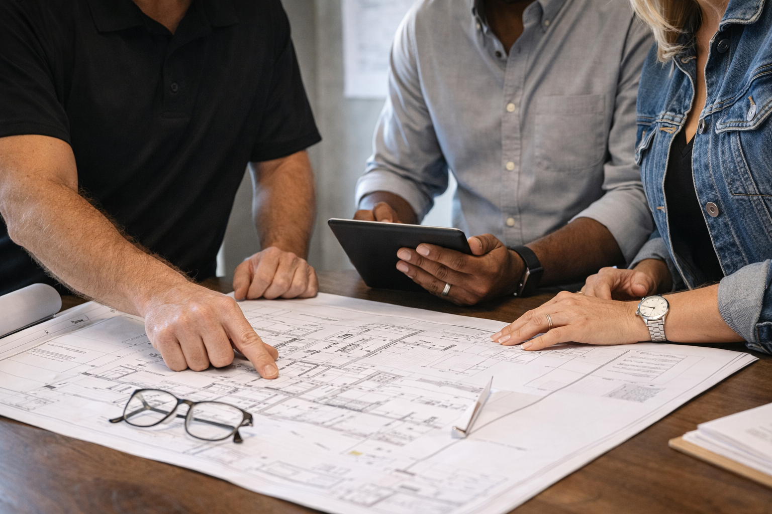 Emerald Inc. project team collaborating with a client to review construction plans and coordinate project details.