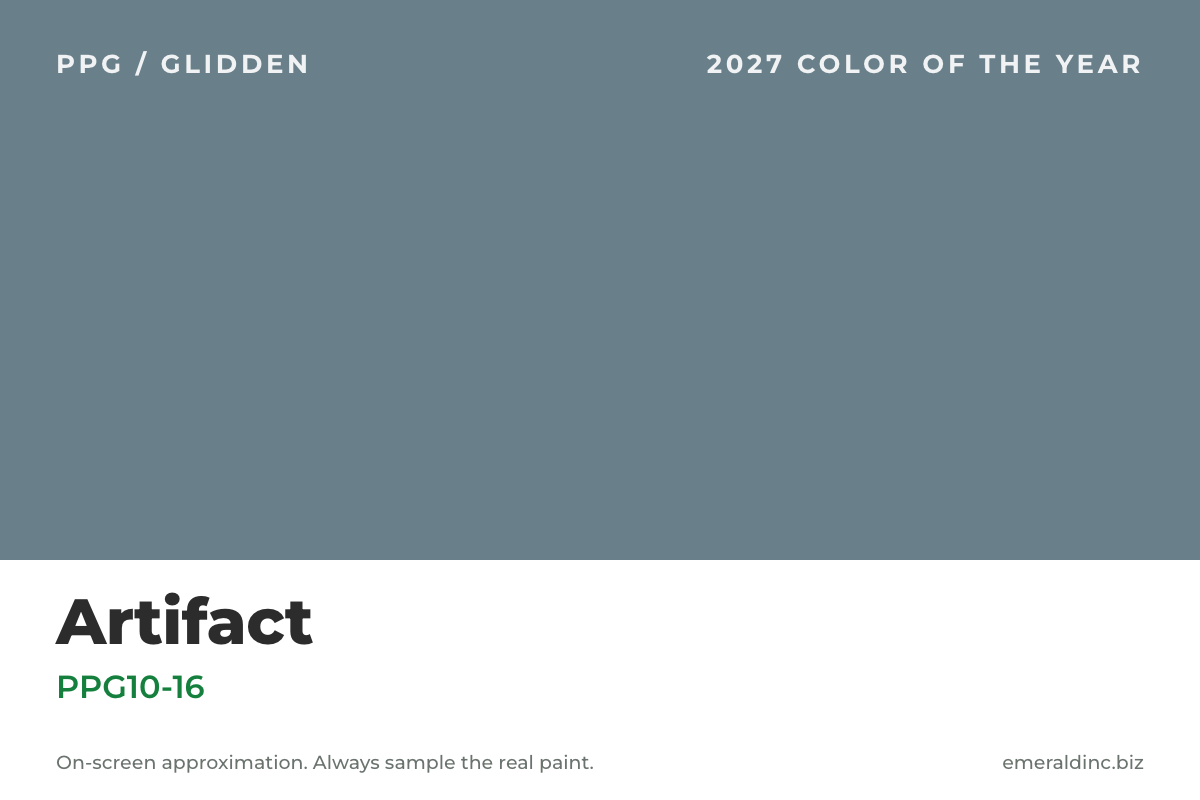 Artifact PPG10-16, PPG and Glidden 2027 Color of the Year, a smoky blue-aqua paint swatch