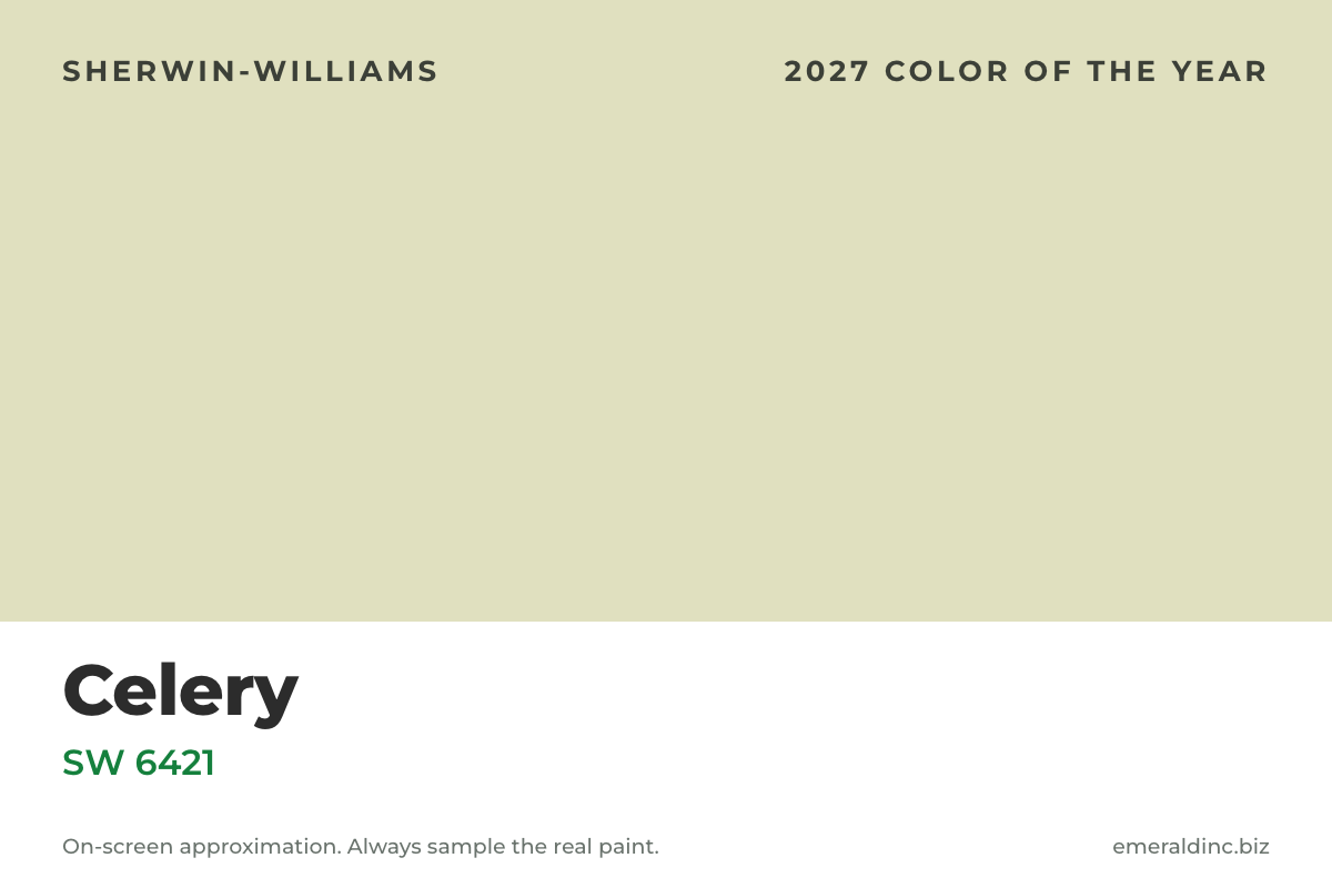Celery SW 6421, Sherwin-Williams 2027 Color of the Year, a pale herbal green paint swatch