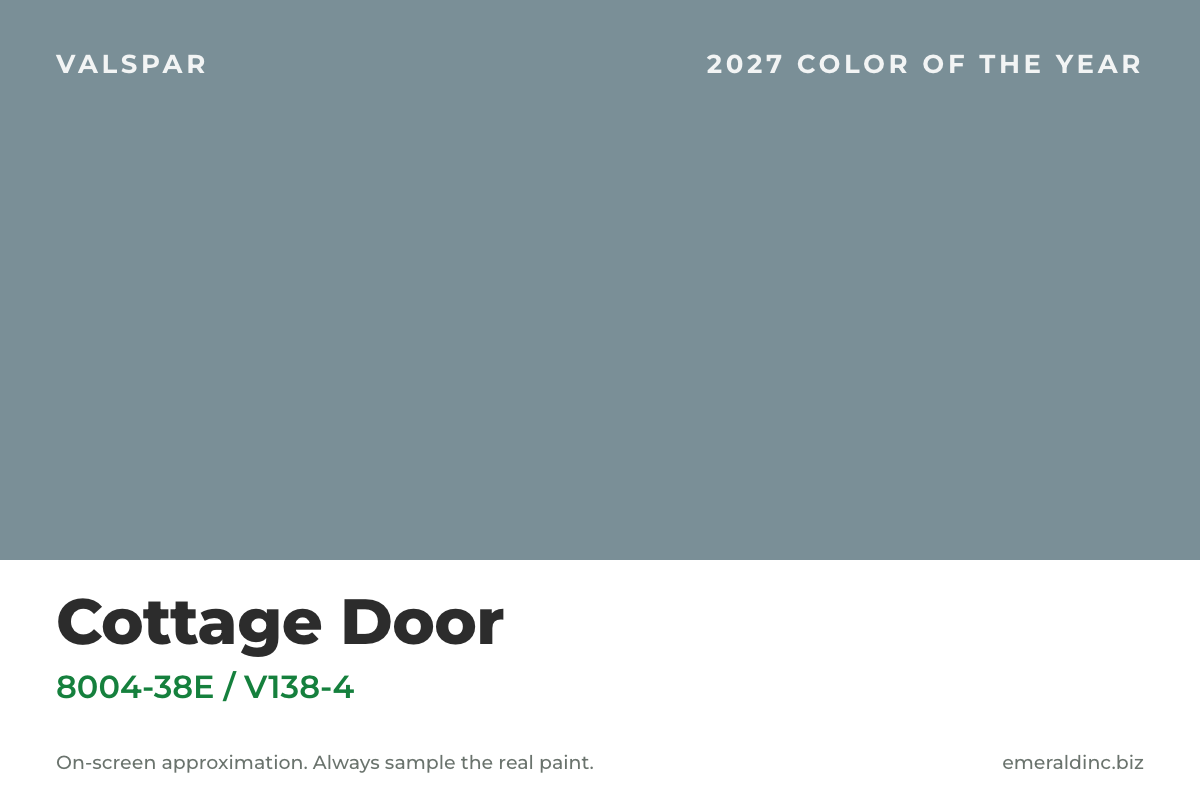 Cottage Door 8004-38E, Valspar 2027 Color of the Year, a grayed blue paint swatch