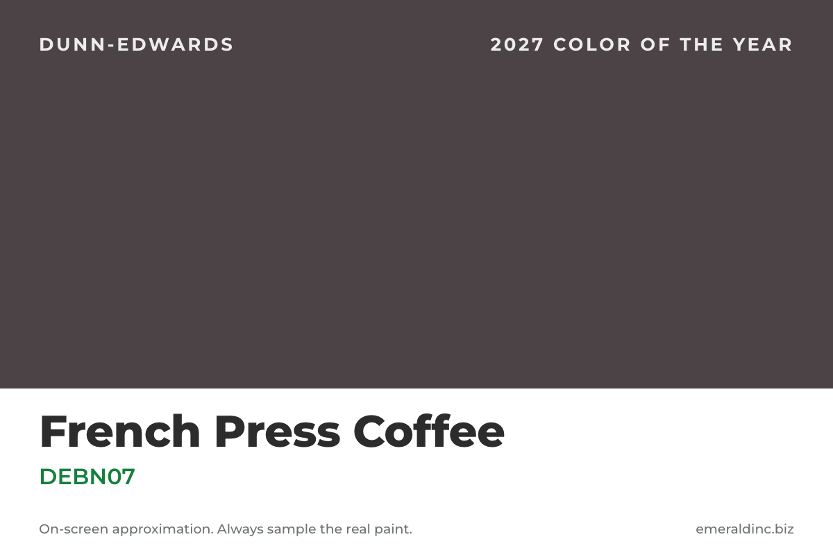 French Press Coffee DEBN07, Dunn-Edwards 2027 Color of the Year, a deep brown paint swatch