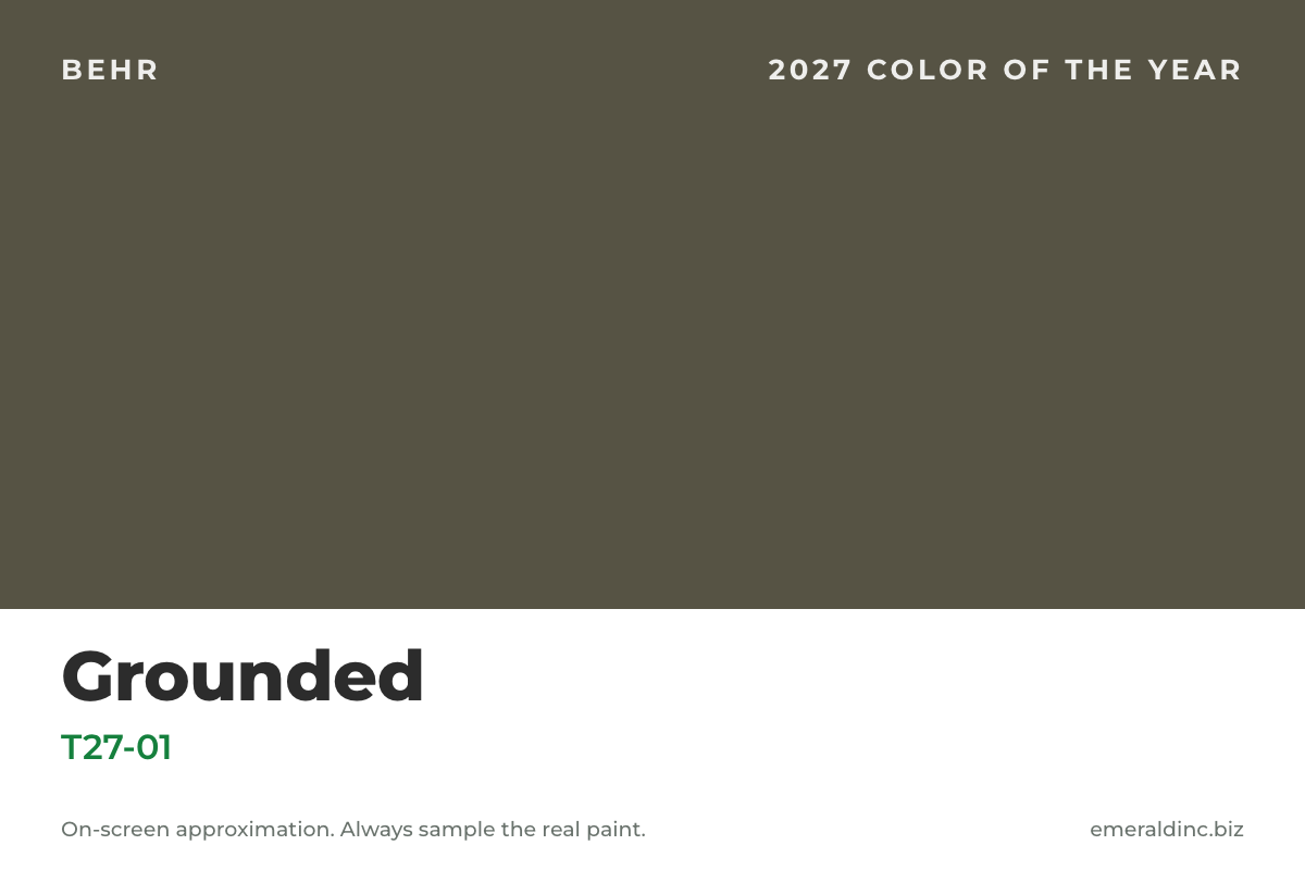 Grounded T27-01, Behr 2027 Color of the Year, an olive-moss green paint swatch