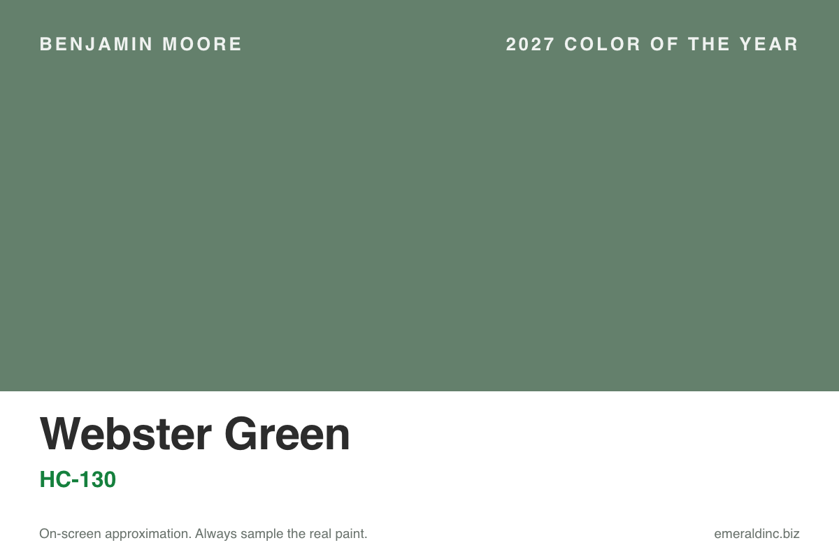 Webster Green HC-130, Benjamin Moore 2027 Color of the Year, a mid-tone green paint swatch